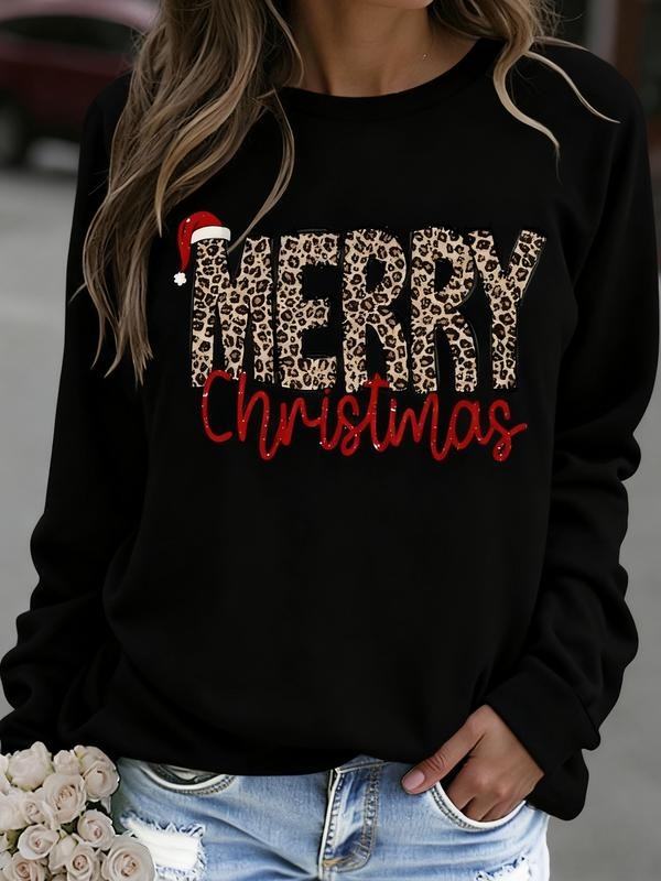 Women's Fall Winter Long Sleeve Round Neck Top, Leopard Christmas Pattern Graphic Tee, Casual Loose-Fitting Fashion Shirt...