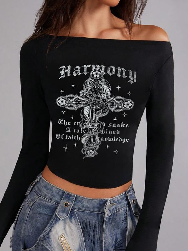 Women's Fall Winter Long Sleeve T-Shirt, Gothic Snake and Cross Print, Fitted Slim Fit, Casual Style, Home Wear, Outdoor...