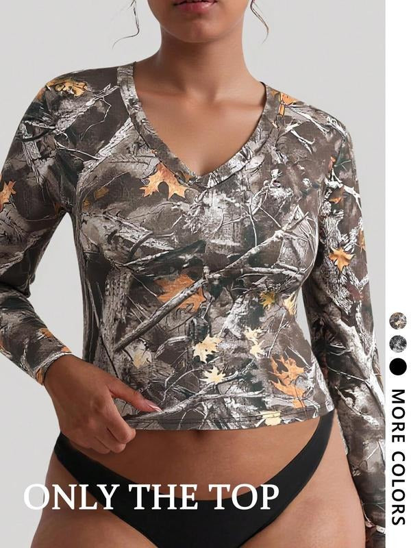 Women's Fall Winter V-Neck Slim Fit Long Sleeve T-Shirt, Feather Pattern, Fashionable Casual Top, Multi-Season Wear,...