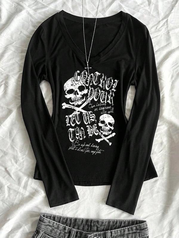Women's Fall Winter V-Neck Slim Fit Long Sleeve T-Shirt, Gothic Skull Print, Fashionable Casual Top, Multi-Season Wear,...
