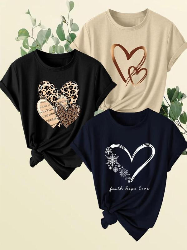 Women's Fashion Simple Print Short Sleeve T-Shirt Set, Casual Daily Wear, 3-Piece Essentials, Must-Have Clothing Items...