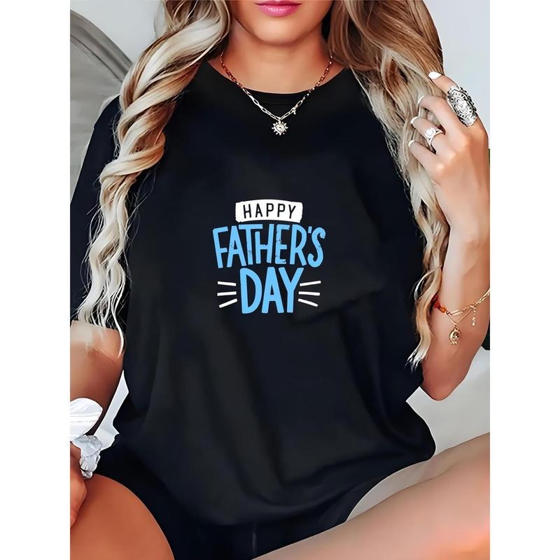 Women's Father's Day Graphic T-Shirt - Black Casual Short Sleeve Round Neck Tee with "Happy Father's Day" Print, 100%,...