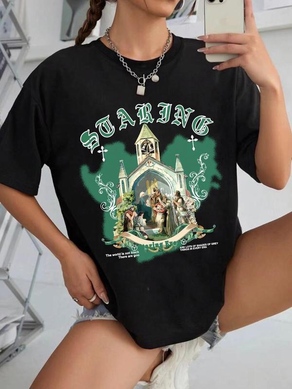 Women's Figure & Letter Print Round Neck Graphic Tee, Vintage Trendy Casual Drop Shoulder Half Sleeve T-shirt For Daily...