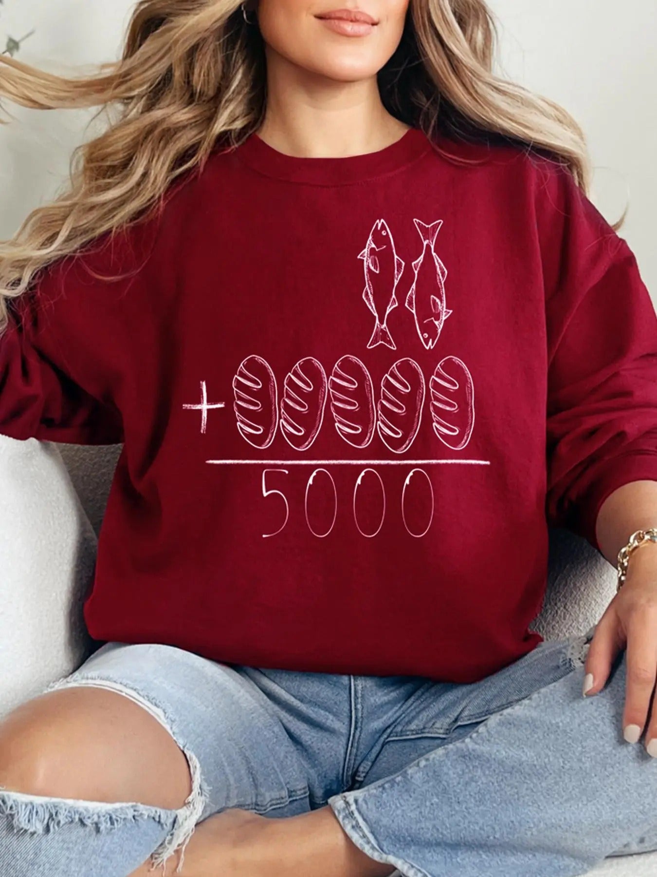 Women's Fish & Bread & Number Print Crew Neck Sweatshirt, Casual Long Sleeve Pullover for Fall & Winter, Women's Clothes...
