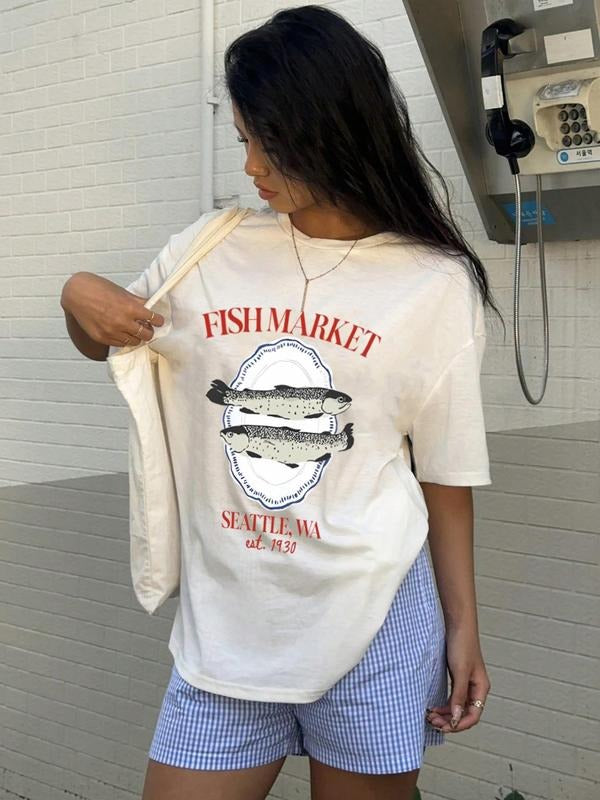 Women's Fish & Letter Print Round Neck Tee, Casual Slogan Graphic Crew Neck T-Shirt for Summer, Fashion Women's Top for...