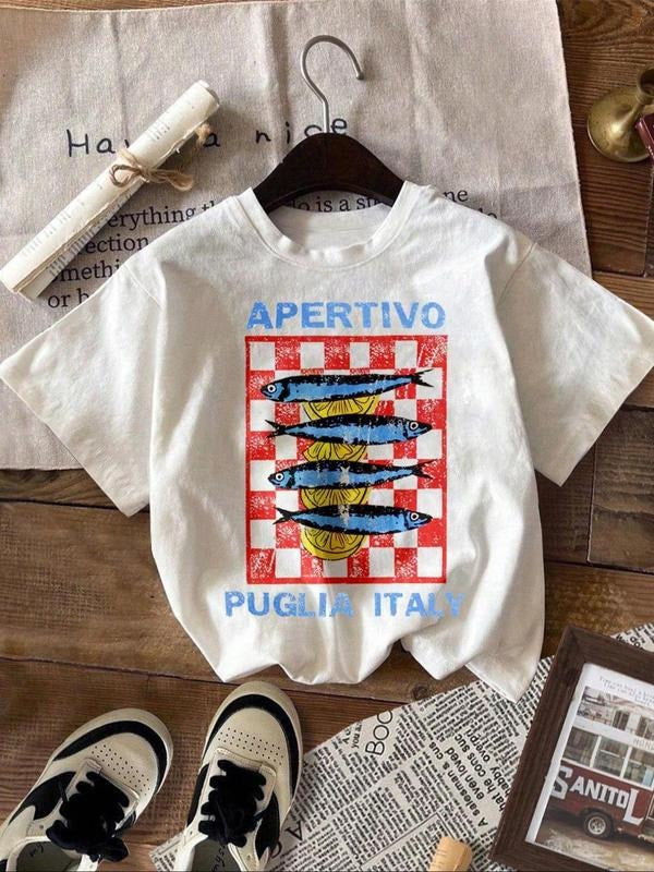 Women's Fish & Letter Print Round Neck Tee, Vintage Trendy Casual Graphic T-shirt for Daily Wear, Ladies Summer Outfit,...