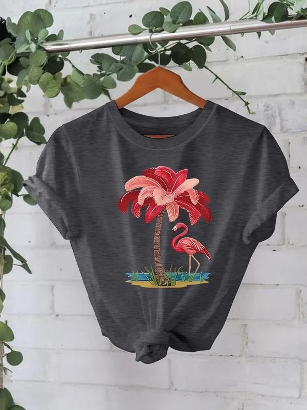 Women's Flamingo & Coconut Tree Print Round Neck Tee, Casual Short Sleeve Crew Neck T-Shirt for Summer, Fashion Women's...