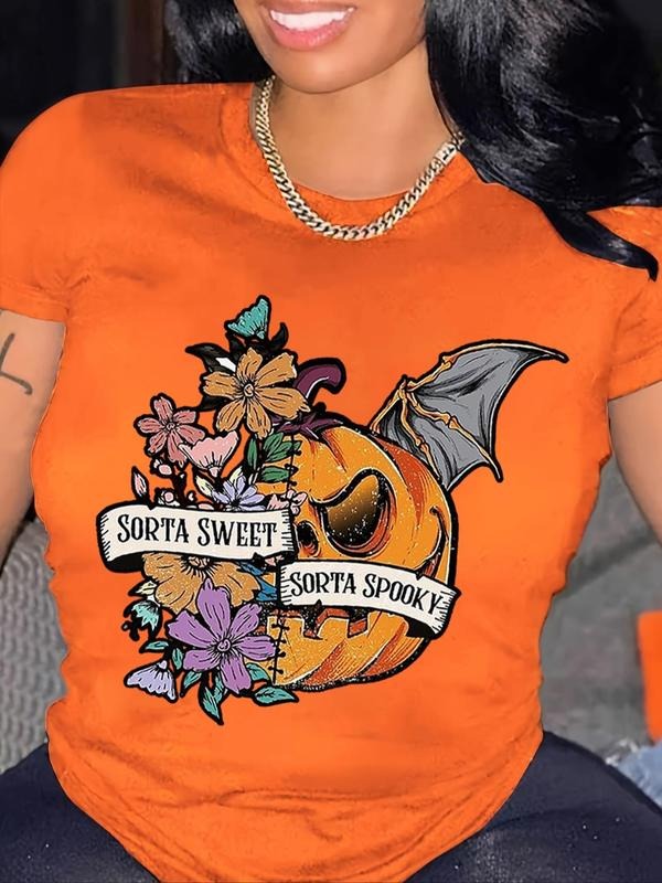 Women's Floral  & Pumpkin Print Round Neck Tee, Fashion Casual Short Sleeve T-shirt for Daily Holiday Vacation Outdoor...