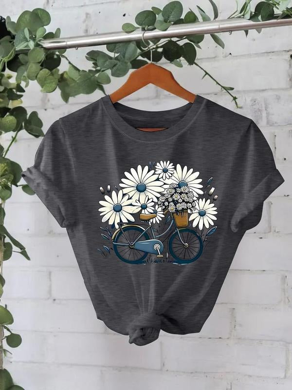 Women's Floral & Bicycle Print Round Neck Tee, Casual Short Sleeve Crew Neck T-shirt for Summer, Fashion Women's Top for...