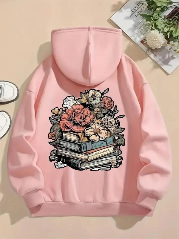 Women's Floral & Book Print Drawstring Hoodie, Casual Long Sleeve Hooded Sweatshirt for Daily Wear, Ladies Clothes for...