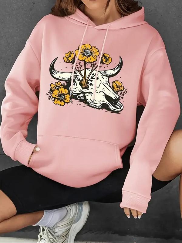 Women's Floral & Bull Head Print Hoodie, Fashion Casual Drawstring Kangaroo Pocket Hooded Sweatshirt for Daily Holiday...