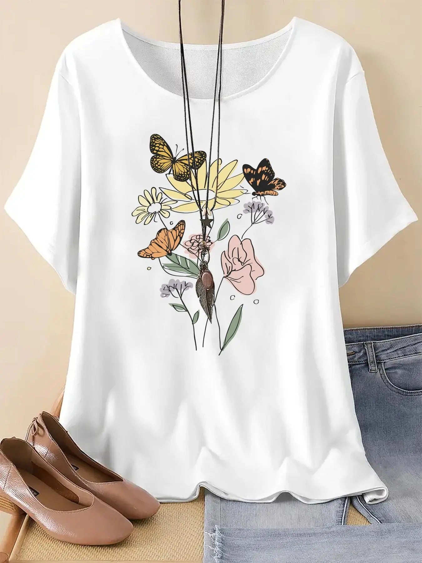 Women's Floral & Butterfly Print Round Neck Tee, Vintage Trendy Casual Drop Shoulder Short Sleeve T-shirt For Daily Wear,...