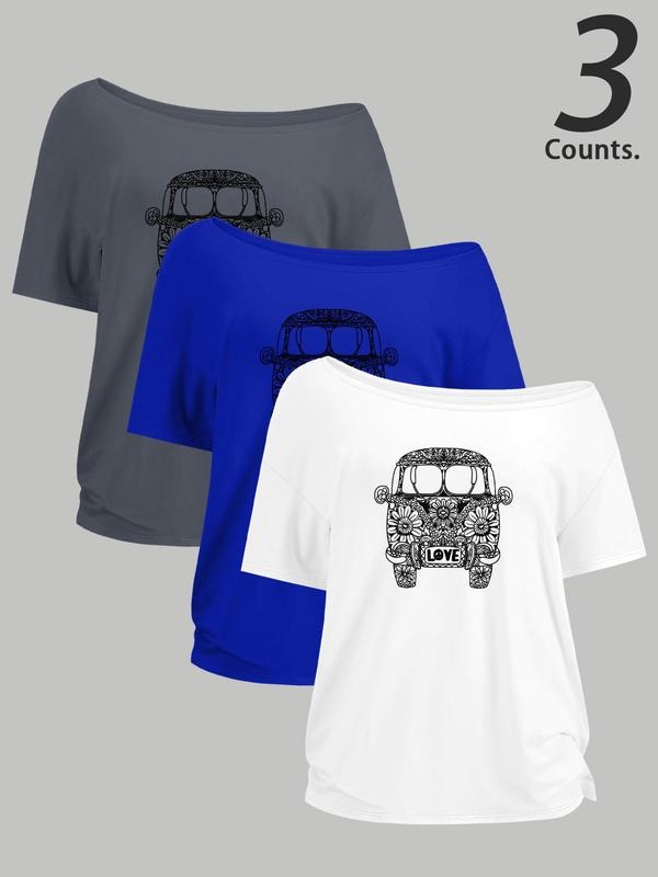 Floral & Car Print One Shoulder Casual Skull Print Short Sleeve Daily Clothes All Seasons Top T-Shirts, Hoodie, Sweatshirt