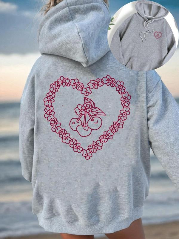 Women's Floral & Cherry & Heart Print Drop Shoulder Hoodie, Fashion Drawstring Kangaroo Pocket Hooded Sweatshirt for...