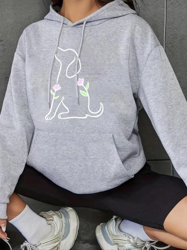 Women's Floral & Dog Print Drop Shoulder Hoodie, Fashion Casual Drawstring Pocket Hooded Sweatshirt for Daily Holiday...