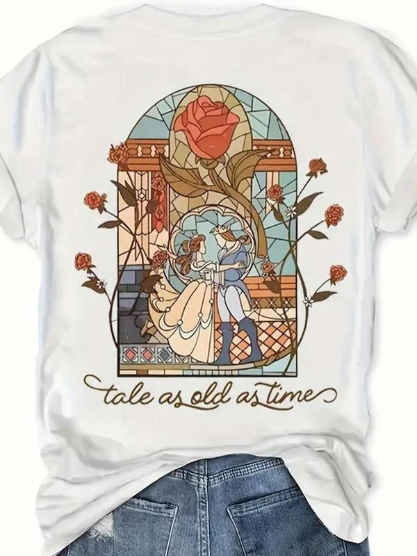 Women's Floral & Figure Print Round Neck Tee, Trendy Casual Short Sleeve T-shirt for Daily Wear, Ladies Summer Outfit...