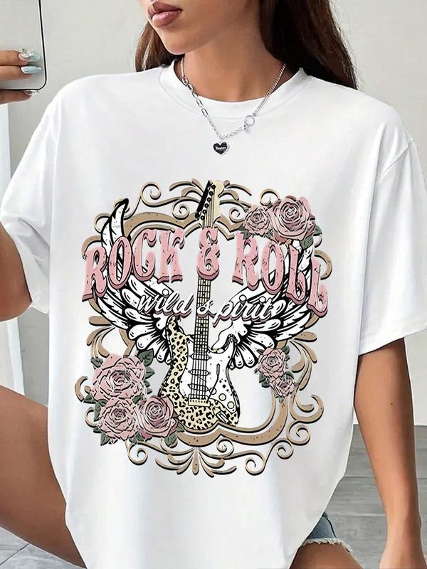 Women's Floral & Guitar & Letter Print Round Neck Tee, Vintage Tattoo Graphic T-shirt for Daily Wear, Ladies Summer...