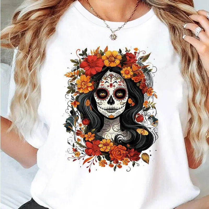 Women's Floral & Halloween Figure Print Round Neck Tee, Vintage 90s Graphic Tees, Fashion Casual Short Sleeve T-shirt for...