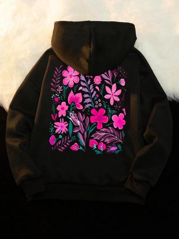 Women's Floral & Leaf Print Drop Shoulder Hoodie, Fashion Casual Drawstring Pocket Hooded Sweatshirt for Daily Holiday...