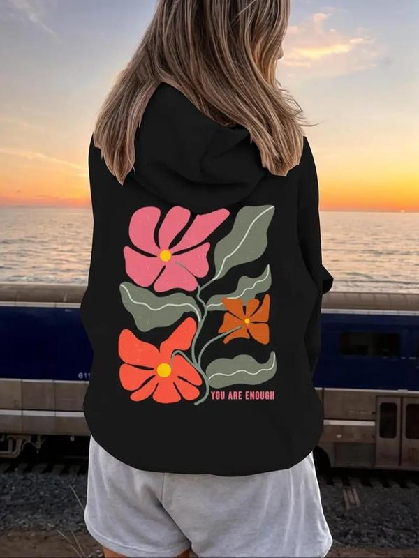 Women's Floral & Letter Print Drawstring Hoodie, Casual Long Sleeve Hooded Sweatshirt for Fall & Winter, Women's Clothes...