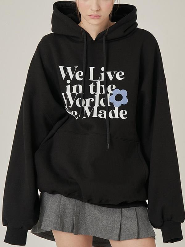 Women's Floral & Letter Print Drop Shoulder Hoodie, Fashion Casual Drawstring Pocket Hooded Sweatshirt for Daily Holiday...