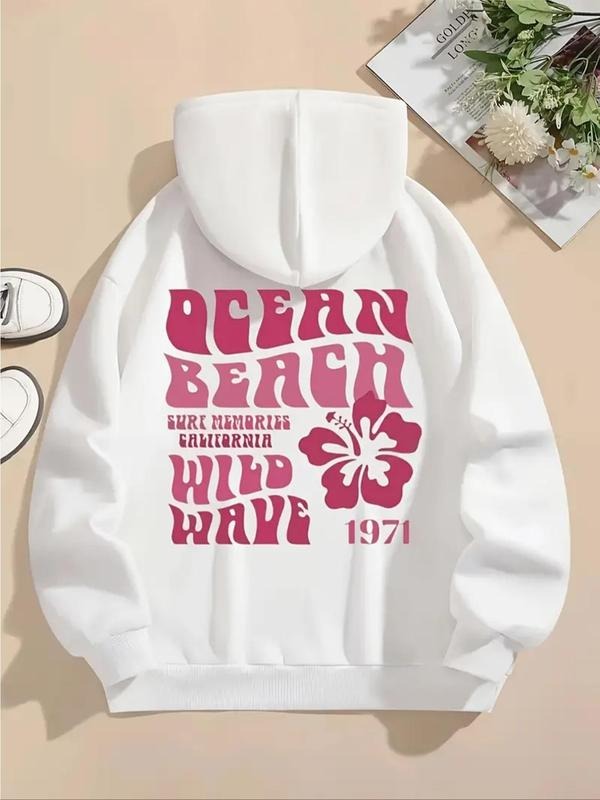 Women's Floral & Letter Print Drop Shoulder Hoodie, Fashion Casual Drawstring Pocket Hooded Sweatshirt for Daily Holiday...
