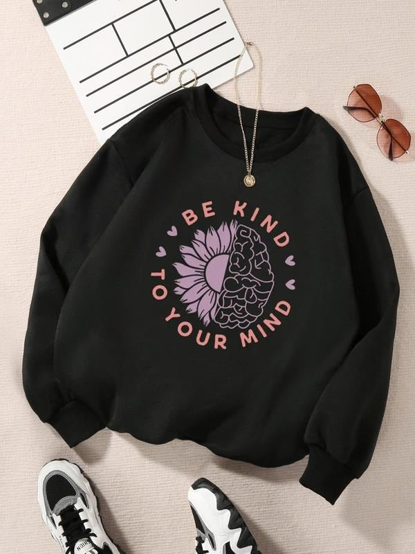 Women's Floral & Letter Print Drop Shoulder Sweatshirt, Casual Long Sleeve Round Neck Pullover for Fall & Winter, Women's...