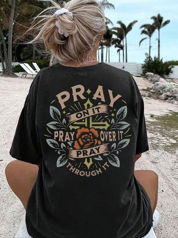 Women's Floral & Letter Print Drop Shoulder Tee, Casual Half Sleeve Round Neck T-shirt for Summer, Women's Top for Daily...