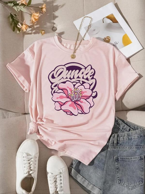 Women's Floral & Letter Print Drop Shoulder Tee, Fashion Casual Crew Neck T-Shirt for Daily Holiday Vacation Outdoor...