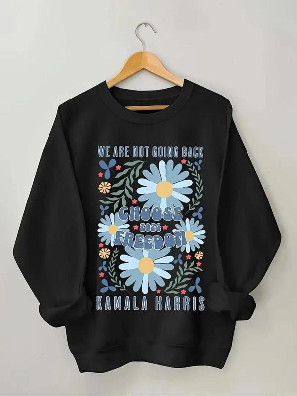 Women's Floral & Letter Print Drop Shoulder Thermal Lined  Sweatshirt, Casual Long Sleeve Round Neck Pullover for Fall &...