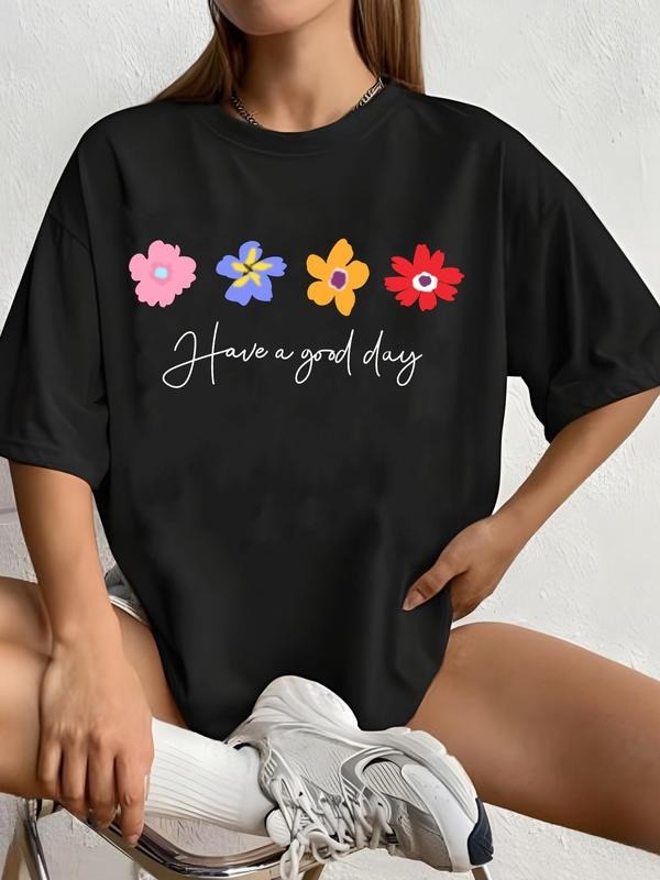 Women's Floral & Letter Print Round Neck Graphic Tee, Vintage Trendy Casual Drop Shoulder Half Sleeve T-shirt For Daily...