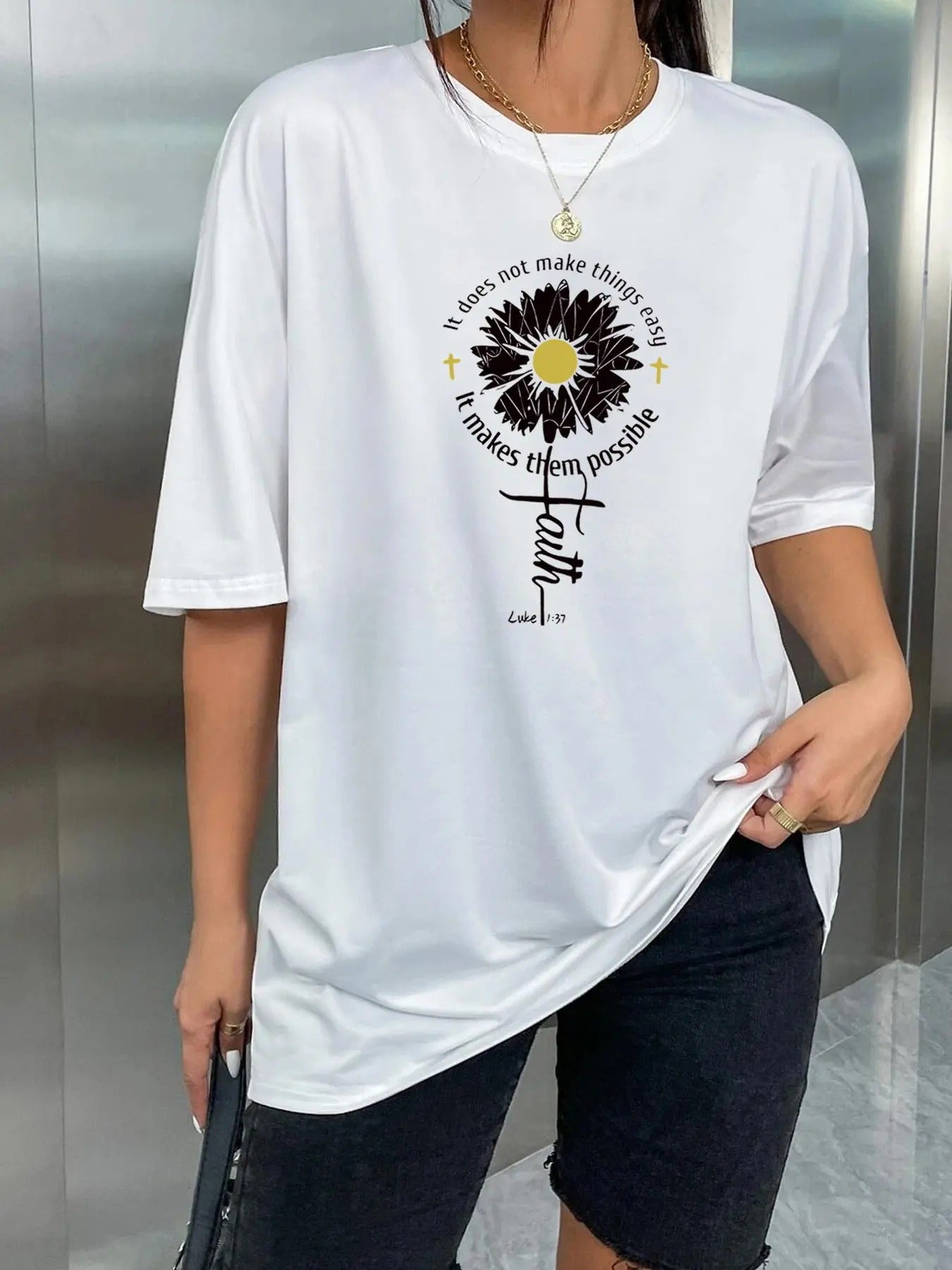 Women's Floral & Letter Print Round Neck Graphic Tee, Vintage Trendy Casual Drop Shoulder Half Sleeve T-shirt for Daily...