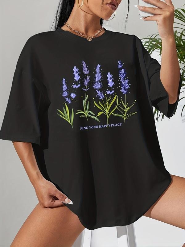 Women's Floral & Letter Print Round Neck Graphic Tee, Vintage Trendy Casual Drop Shoulder Half Sleeve T-shirt for Daily...