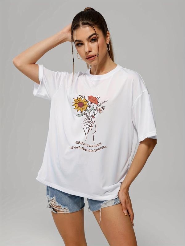 Women's Floral & Letter Print Round Neck Graphic Tee, Vintage Trendy Casual Drop Shoulder Short Sleeve T-shirt For Daily...