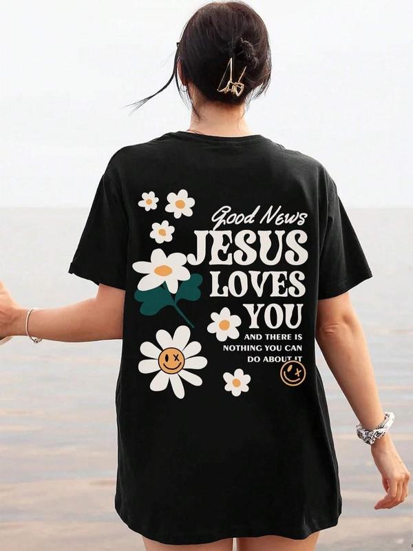 Women's Floral & Letter Print Round Neck Graphic Tee, Vintage Trendy Casual Drop Shoulder Short Sleeve T-shirt for Daily...