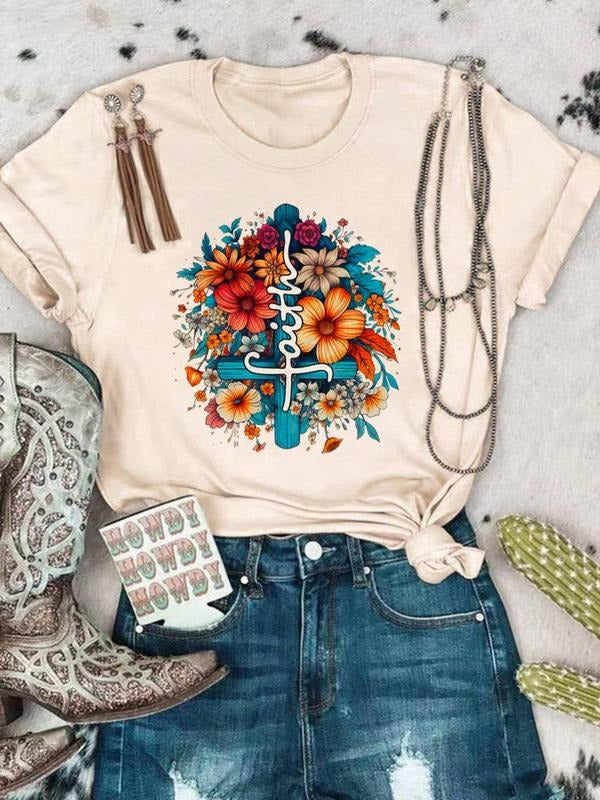 Women's Floral & Letter Print Round Neck Graphic Tee, Vintage Trendy Casual Short Sleeve T-shirt For Daily Wear, Ladies...