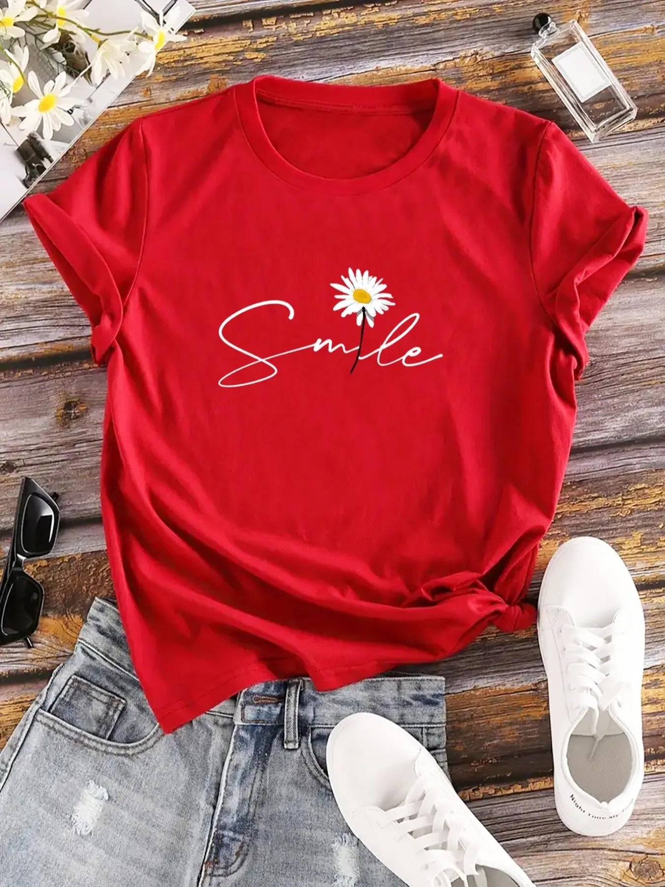 Women's Floral & Letter Print Round Neck Graphic Tee, Vintage Trendy Casual Short Sleeve T-shirt For Daily Wear, Ladies...