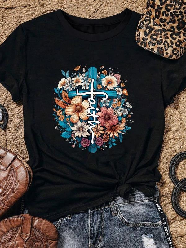 Women's Floral & Letter Print Round Neck Graphic Tee, Vintage Trendy Casual Short Sleeve T-shirt For Daily Wear, Ladies...