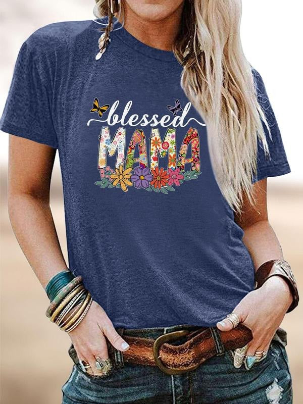 Women's Floral & Letter Print Round Neck Tee, Fashion Casual Crew Neck T-Shirt for Daily Holiday Vacation Outdoor Wear,...