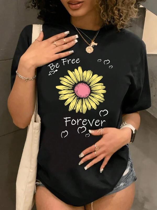 Women's Floral & Letter Print Round Neck Tee, Fashion Casual Crew Neck T-Shirt for Daily Holiday Vacation Outdoor Wear,...