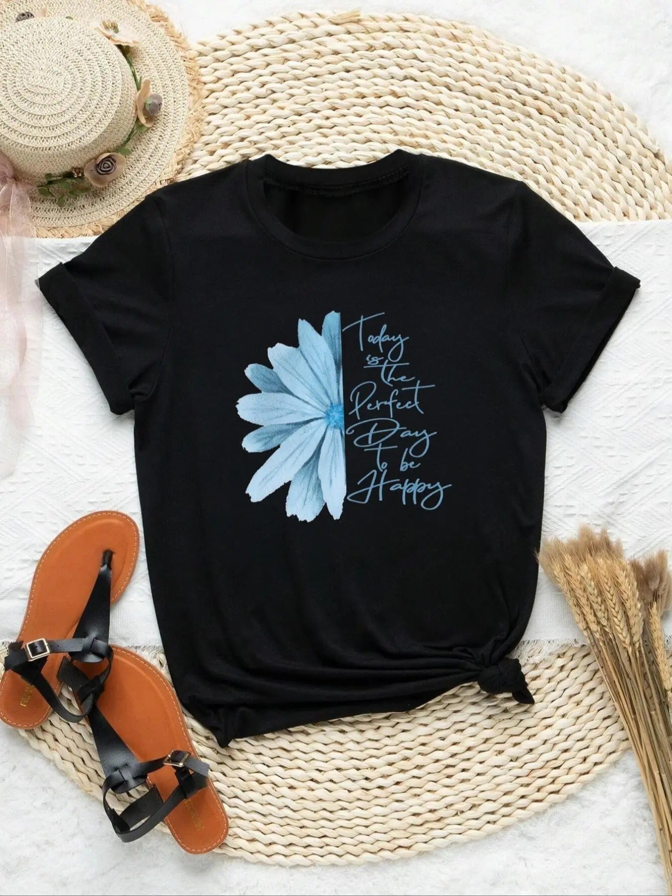 Women's Floral & Letter Print Round Neck Tee, Fashion Casual Short Sleeve T-shirt, Ladies Summer Clothes for Daily Wear...