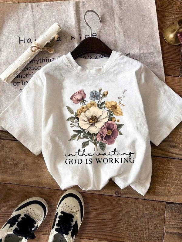 Women's Floral & Letter Print Round Neck Tee, Trendy Casual Crew Neck Short Sleeve T-shirt for Daily Wear, Ladies Summer...