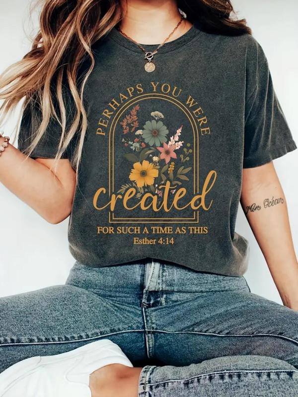 Women's Floral & Letter Print Round Neck Tee, Trendy Casual Crew Neck T-shirt for Daily Wear, Ladies Summer Outfit...