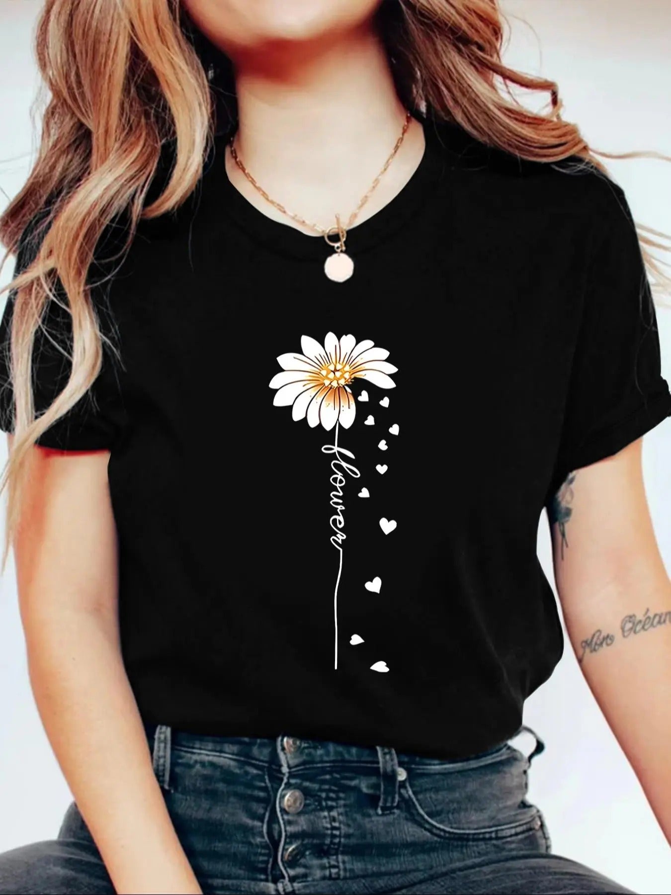 Women's Floral & Letter Print Round Neck Tee, Trendy Casual Short Sleeve T-shirt for Daily Wear, Ladies All Seasons Tops...