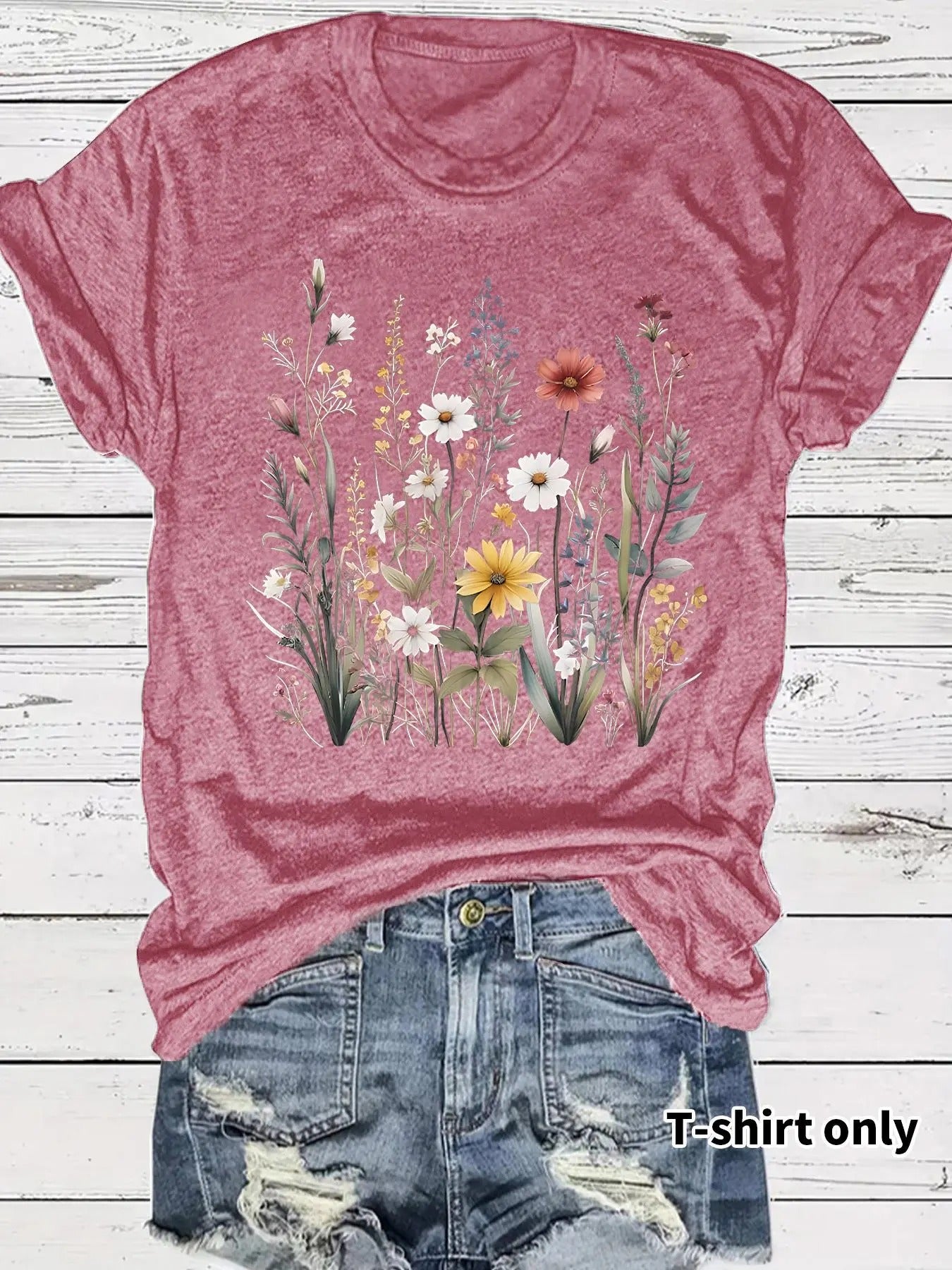 Women's Floral & Plants Print Round Neck Tee, Casual Short Sleeve Crew Neck T-shirt for Summer, Fashion Women's Top for...