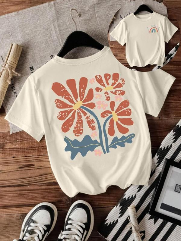 Women's Floral & Rainbow Print Round Neck Tee, Casual Short Sleeve Crew Neck T-shirt for Summer, Fashion Women's Top for...