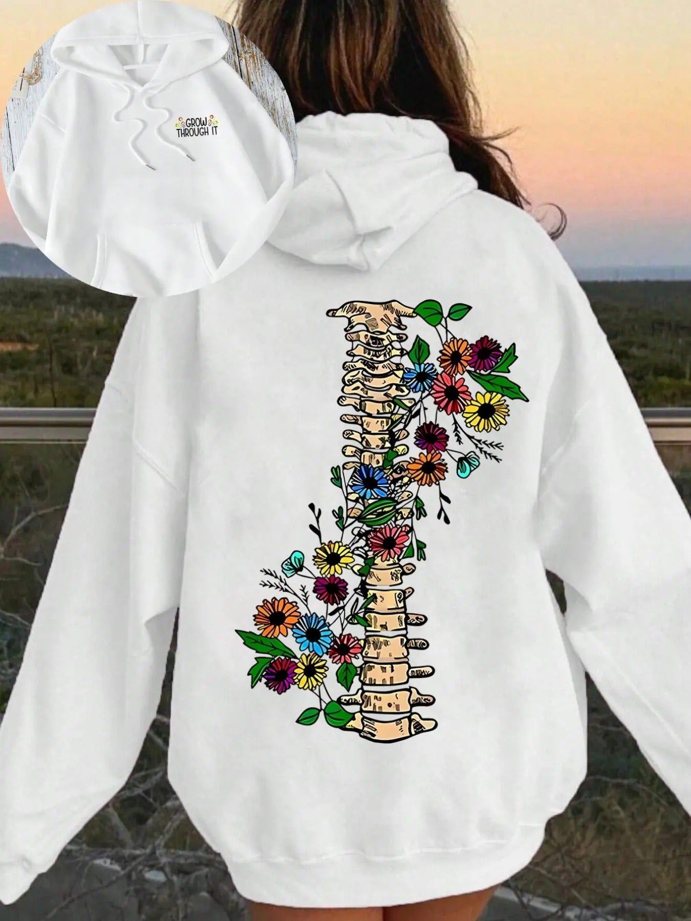 Women's Floral & Skeleton Graphic Hoodie, Fashion Casual Letter Print Hooded Sweatshirt for Daily Outdoor Wear, Women...