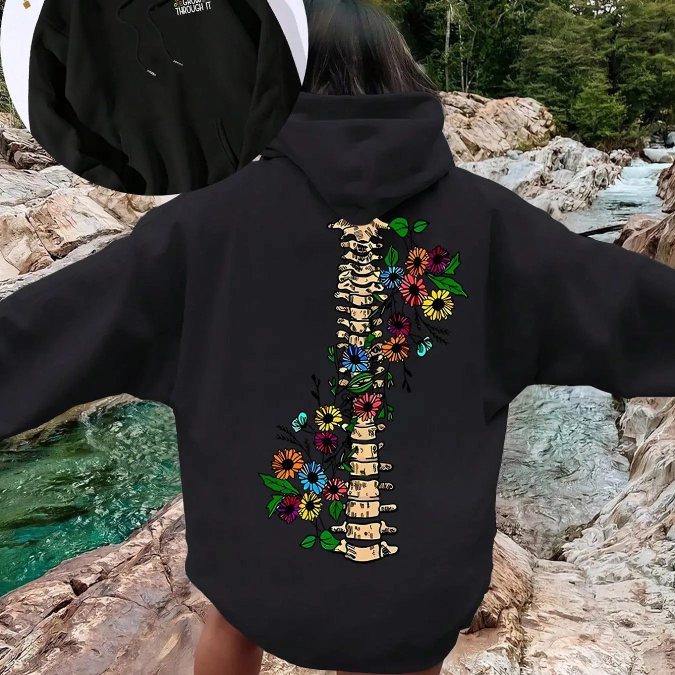 Women's Floral & Skeleton Print Drop Shoulder Hoodie, Fashion Casual Drawstring Pocket Hooded Sweatshirt for Daily...