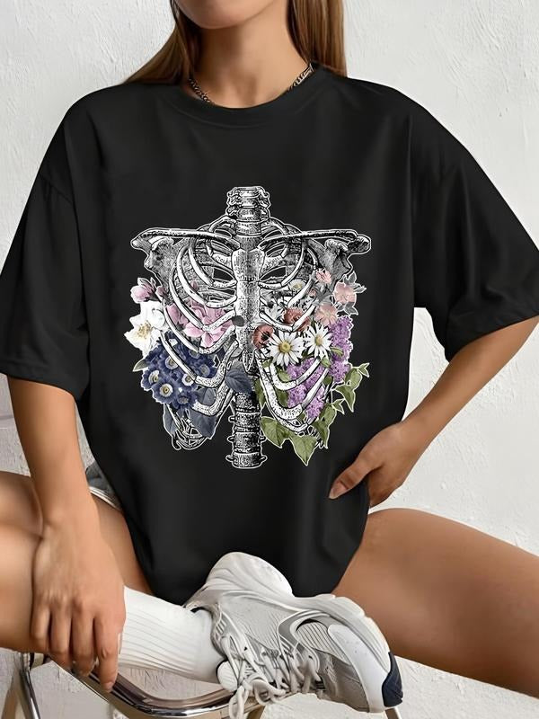 Women's Floral & Skeleton Print Round Neck Tee, Trendy Casual Drop Shoulder Half Sleeve T-shirt for Daily Wear, Ladies...