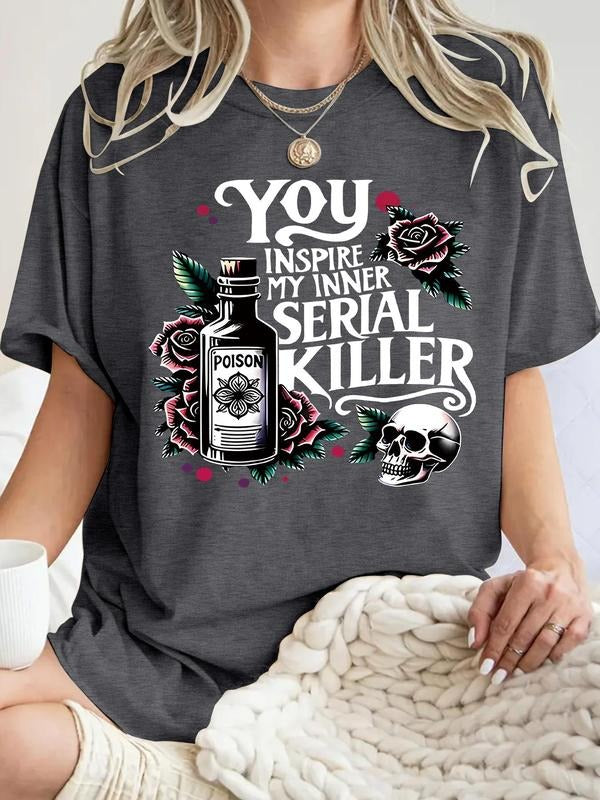 Women's Floral & Skull Print Round Neck Tee, Vintage Trendy Casual Short Sleeve T-shirt for Daily Wear, Ladies Summer,...